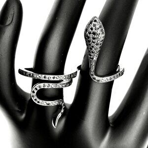 Women's Black Diamond & Silver Double Finger Snake Ring